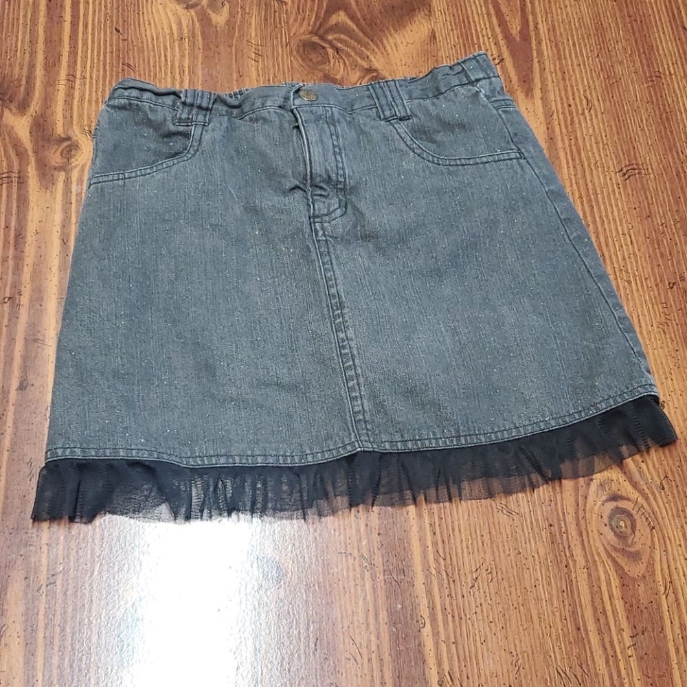 Girls black sparkle jean skirt with ruffle